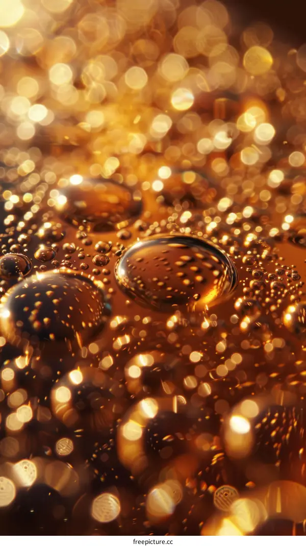 Golden water drops on a brown surface