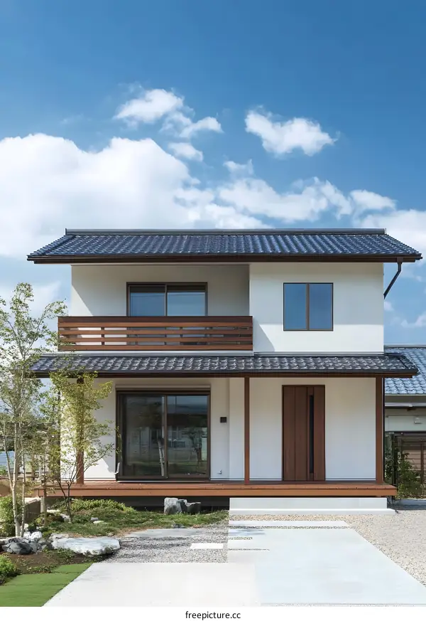 Modern Japanese Style Two Story Home with Wooden Deck and Gravel Driveway