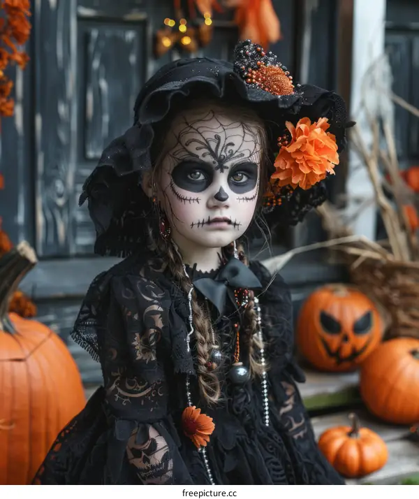 Little Girl Wearing Sugar Skull Makeup for Halloween