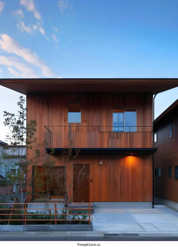 Modern Wooden House with Overhanging Roof and Balcony