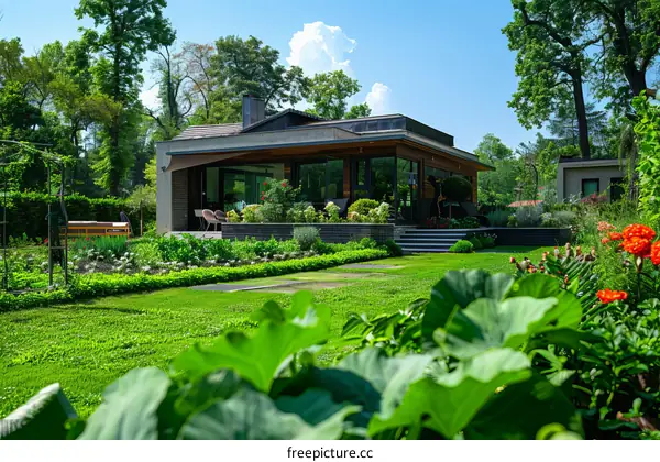 Modern House Facade With Large Glass Windows And Terrace With Garden