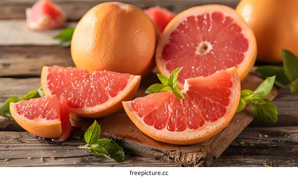 Freshly Sliced Grapefruit with Mint Leaves on a Wooden Table