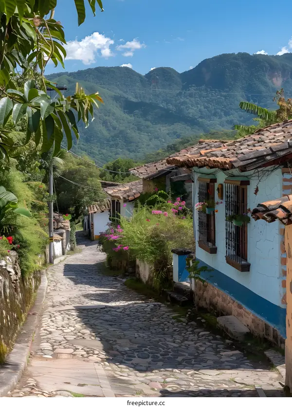 Cobblestone Street in a Small Town with Mountain View