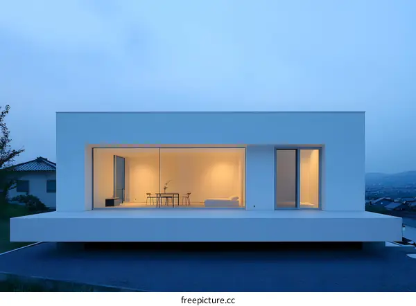 Modern Minimalist White House Exterior With Large Windows and Patio