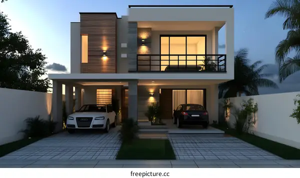 Modern Two Story House With Garage and Palm Trees