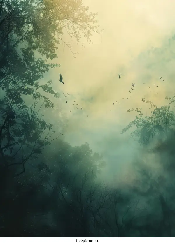 Birds Flying Through the Misty Forest