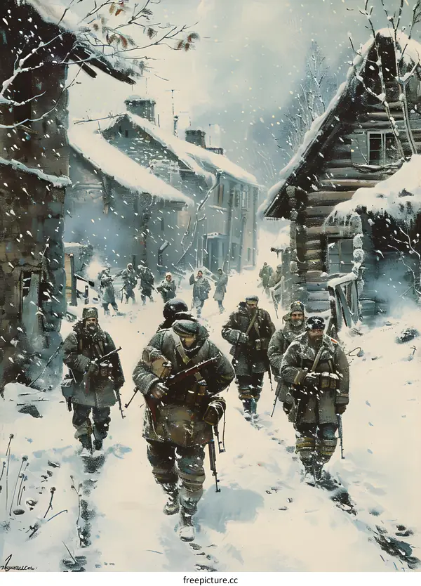 A group of soldiers walking through a snowy village during the Winter War