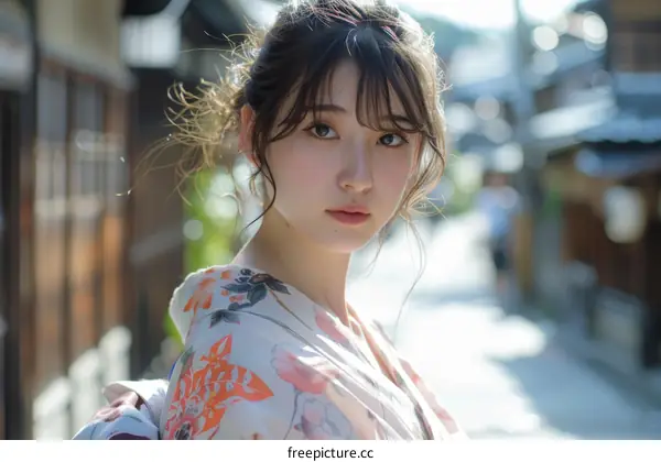 Asian Woman in Kimono in Japanese Street