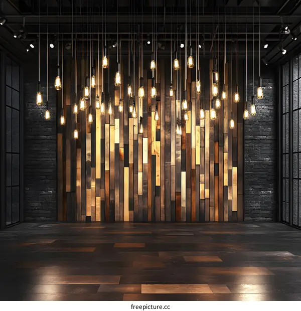 Industrial Interior Design with Wooden Wall and Hanging Lights