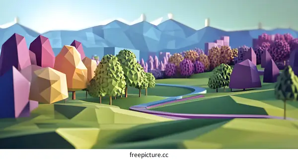 Low Poly Illustration Of A Green Landscape With Trees And Mountains In The Background