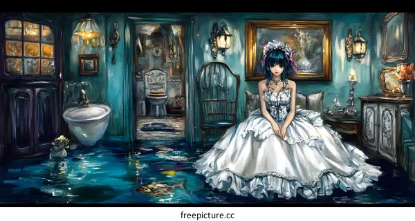 Flooded Room with a Woman in a White Dress