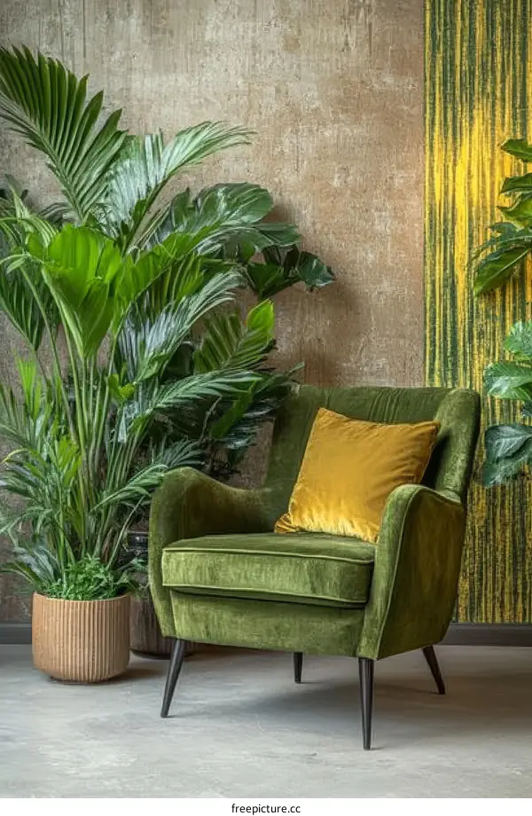 Green Velvet Armchair with Tropical Plants