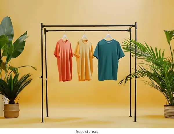 Three Colorful T Shirts Hanging on A Rack Against A Yellow Background