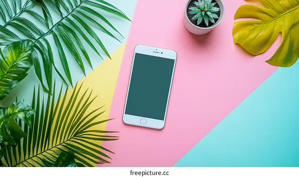 Minimalist Flat Lay with Smartphone, Palm Leaves, and a Succulent