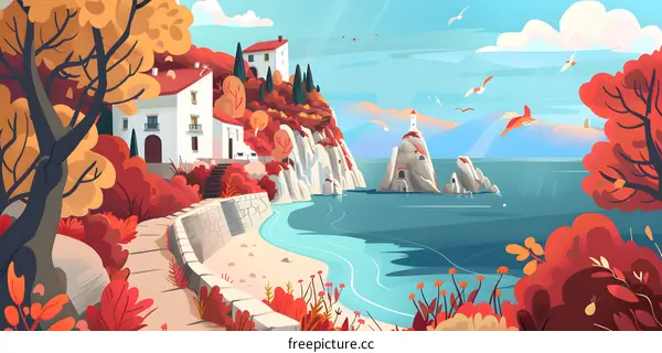 Autumn Coastal Landscape With A House And A Rock Formation