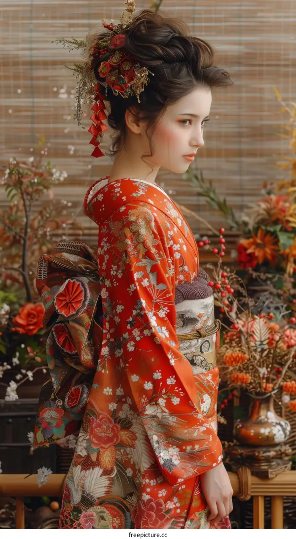 Japanese Woman in Traditional Kimono with Flowers in Her Hair