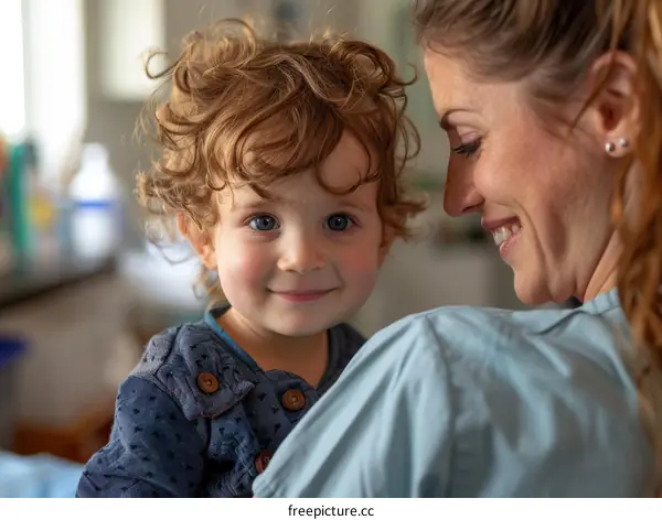 Toddler smiling at the camera while being held by a woman