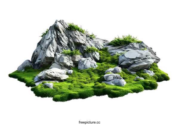 [Transparent Background PNG]Green Mossy Rock Formation