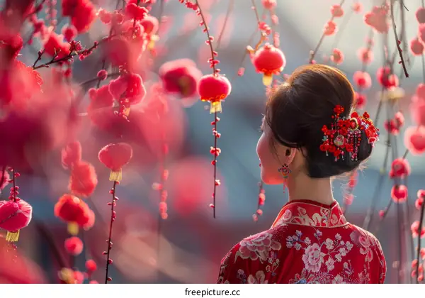 A woman in a red cheongsam standing under a peach blossom tree