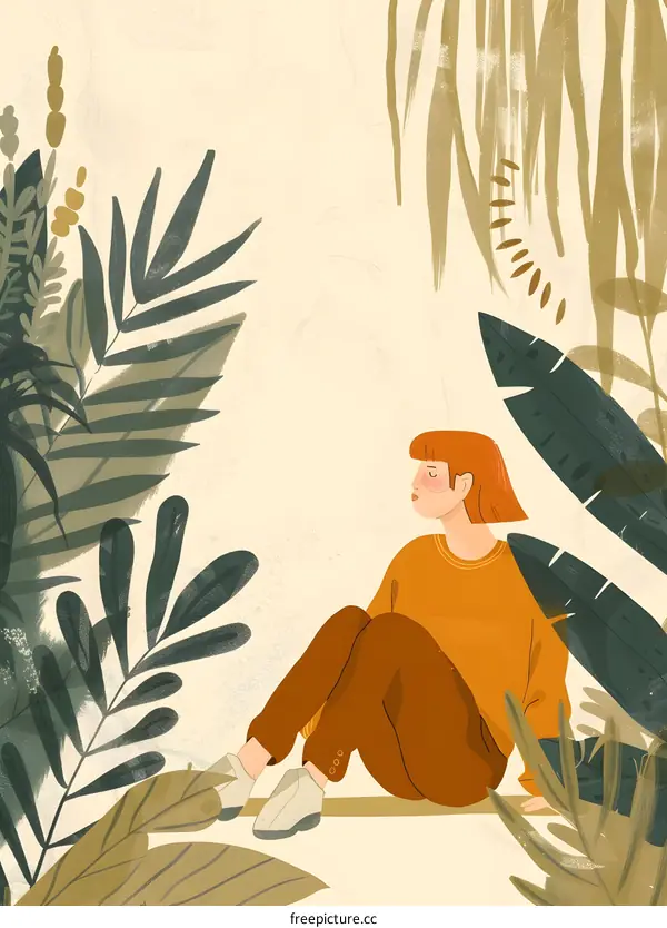 Woman Sitting in a Jungle with Green Foliage
