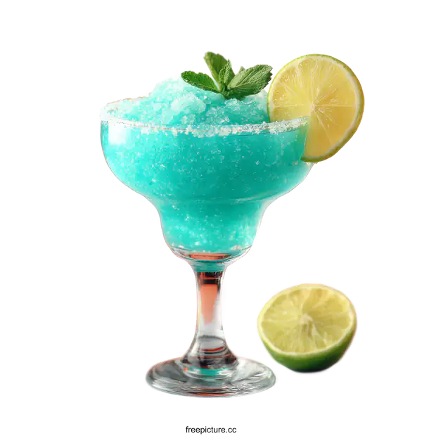 [Transparent Background PNG]Blue Margarita Cocktail with Lime and Mint