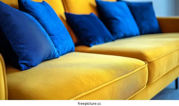 Mustard Yellow Sofa with Blue Throw Pillows
