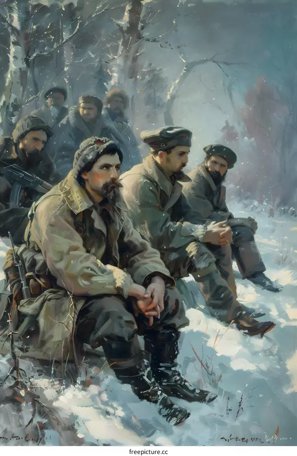 A group of soldiers sitting on a snowy hillside