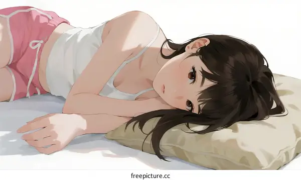 A Young Woman Lying Down Wearing Pink Shorts and White Tank Top