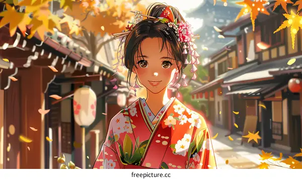 An illustration of a young woman in a kimono standing in a traditional Japanese street