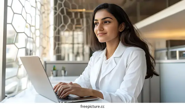 Woman Working on Laptop in Modern Office