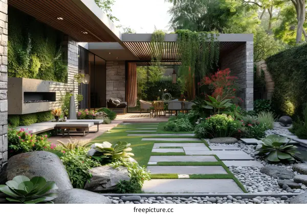 Modern Courtyard with Pond & Landscaped Garden