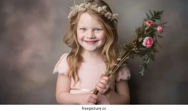Portrait of a smiling girl holding a bouquet of flowers
