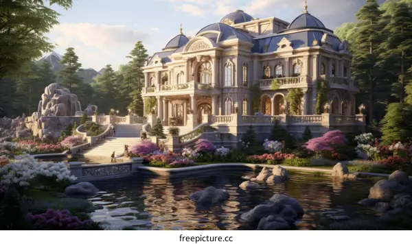 A Magnificent Mansion with Garden and Fountain
