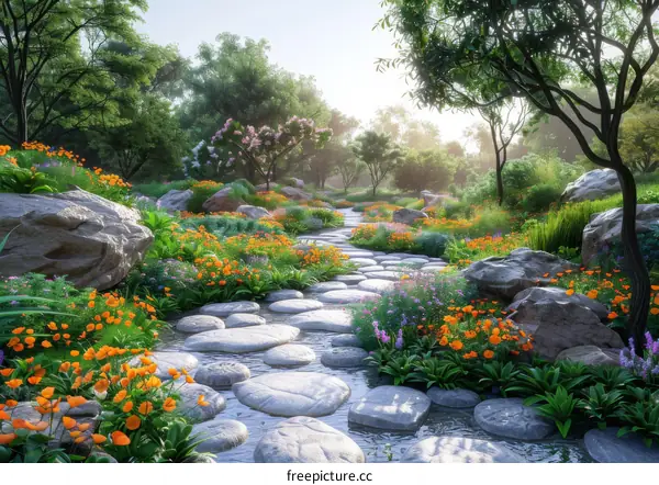 A Beautiful Garden Path with Flowers and Trees