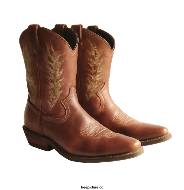 [Transparent Background PNG]Pair of Brown Leather Cowboy Boots with Embroidered Design