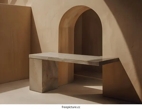 Minimalist Beige Room Interior Design With Stone Bench and Archway