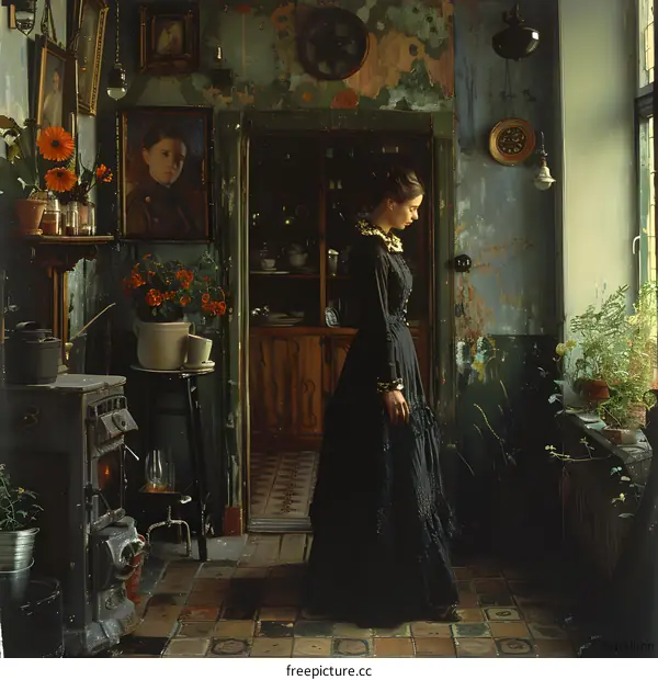 woman in a long black dress standing in a kitchen