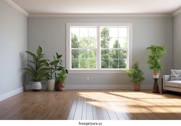 Modern Living Room with Large Windows and Greenery