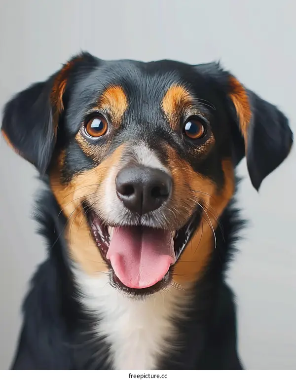 A happy black tricolor dog