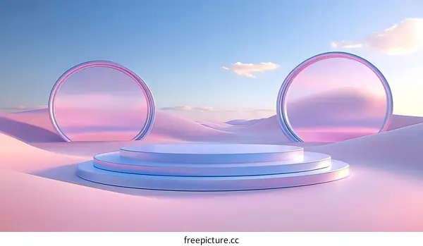 Pastel Geometric Display Podium in Desert Landscape