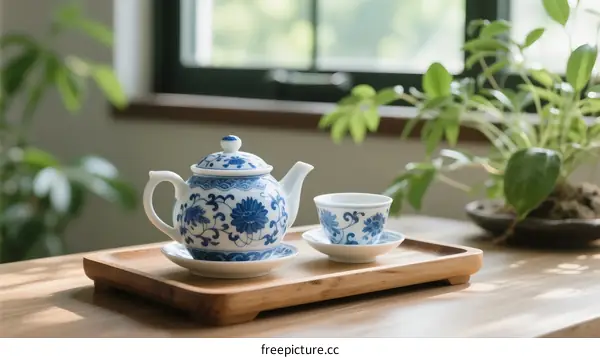 Elegant Blue and White Porcelain Teapot with Cup Set on Wooden Tray