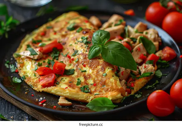 Omelette with chicken, tomatoes and basil