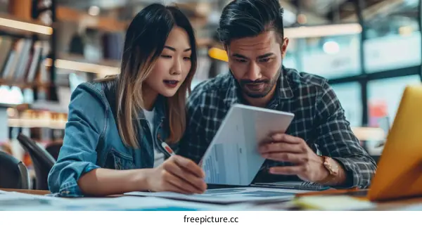 Two people in a library looking at a tablet and taking notes