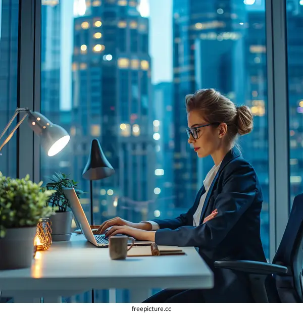 Businesswoman working late in office using laptop computer