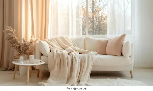Cozy Living Room with Beige Sofa and Blanket