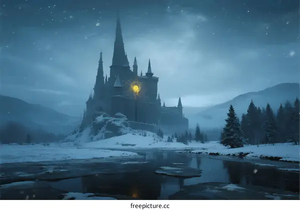 A Snowy Gothic Castle in a Winter Wonderland at Night