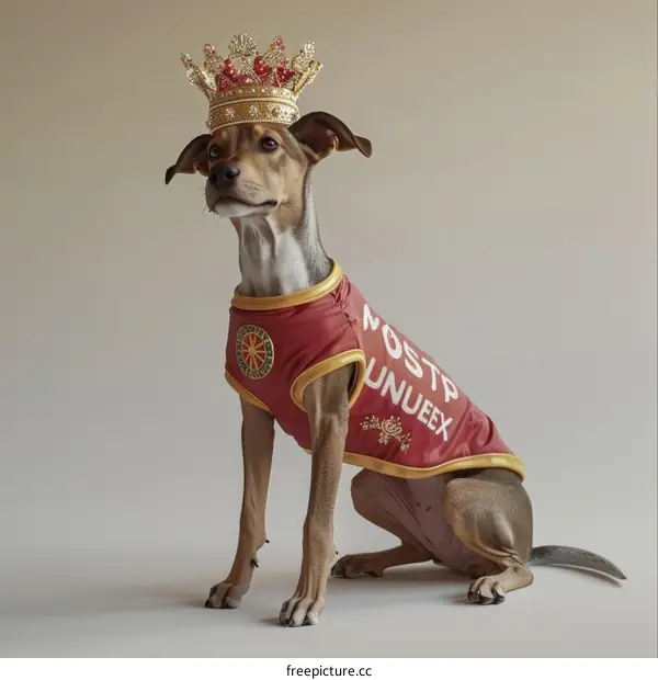 A dog wearing a golden crown and a red jersey with MOSTP UNUEEX text