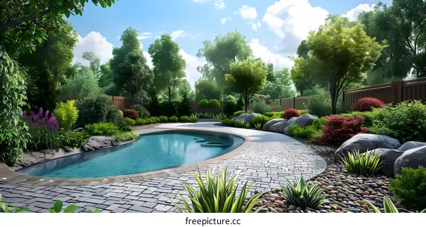 A garden with a swimming pool