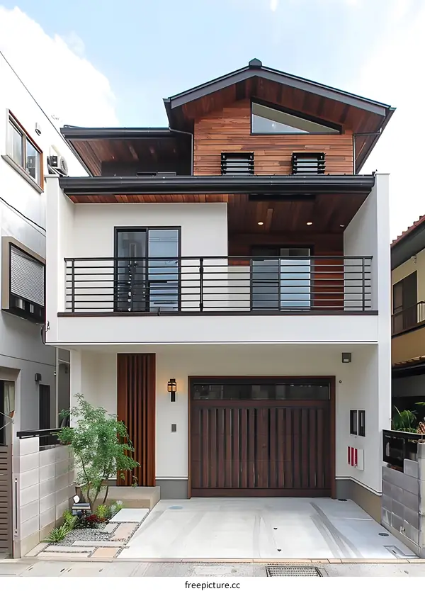 Modern Japanese Style House with Wooden Exterior and Balcony
