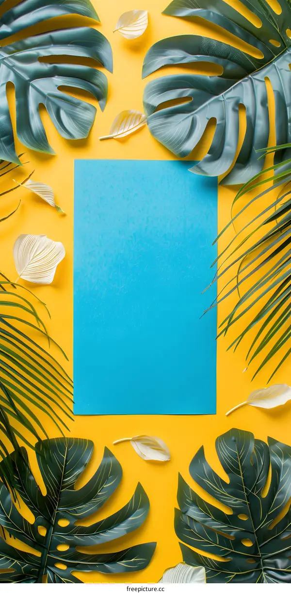 Tropical Leaves with Blue and Yellow Background